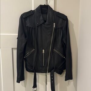 All Saints Black Leather Moto Jacket Asymmetrical Zipper Belted with Fringe